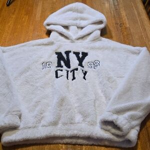 Rue 21 Women‎ Small White Black Plush NY CITY 1998 Pullover Oversize Cozy Hoodie